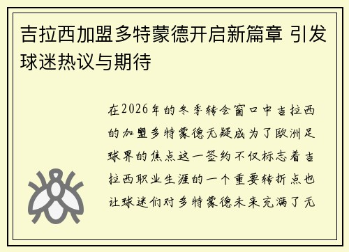 吉拉西加盟多特蒙德开启新篇章 引发球迷热议与期待